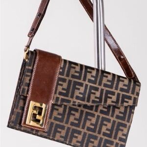 Fendi Brown FF Logo Canvas Messenger Bag with Leather Trim